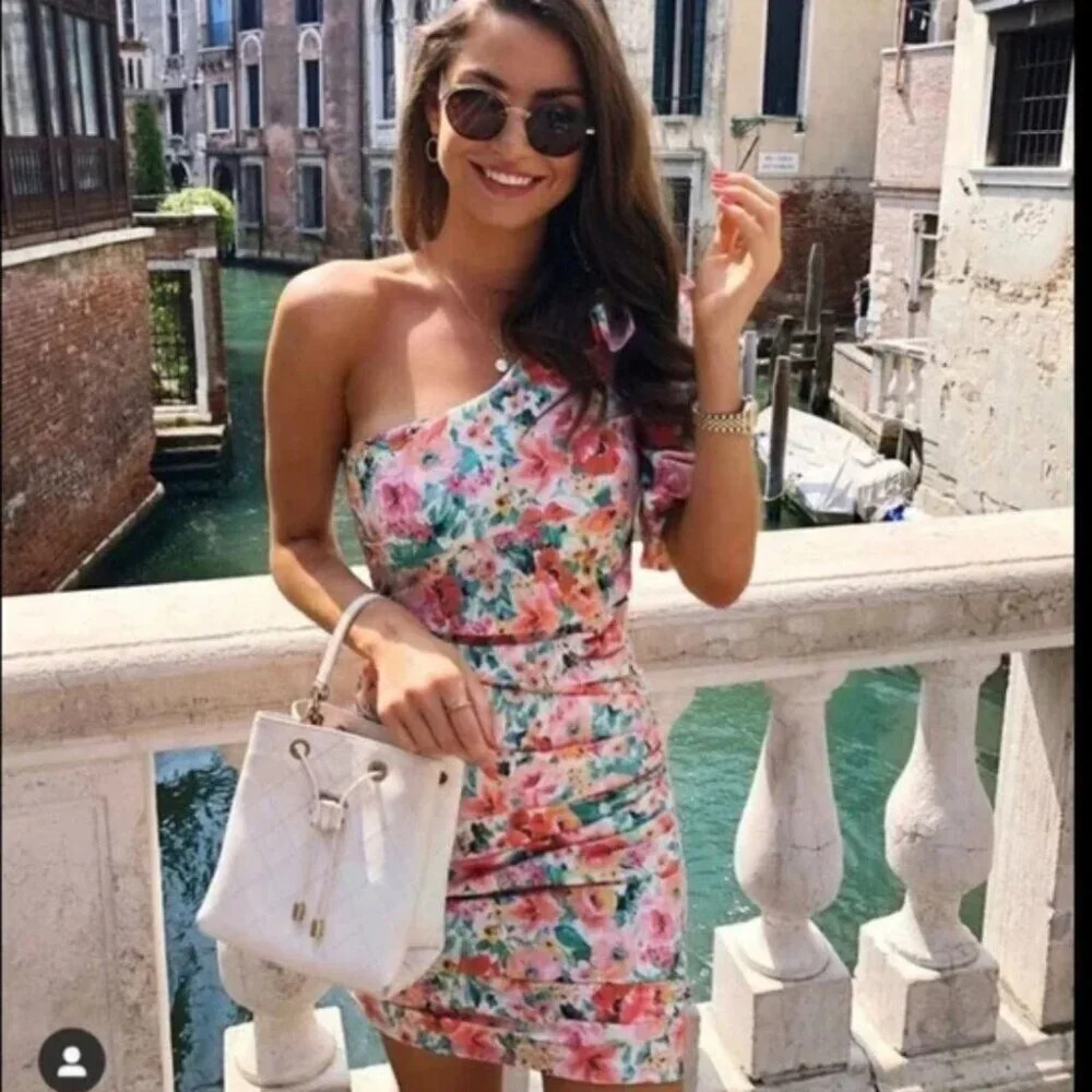 Zara One Shoulder Floral Draped Bodycon Mini Dress Size Small